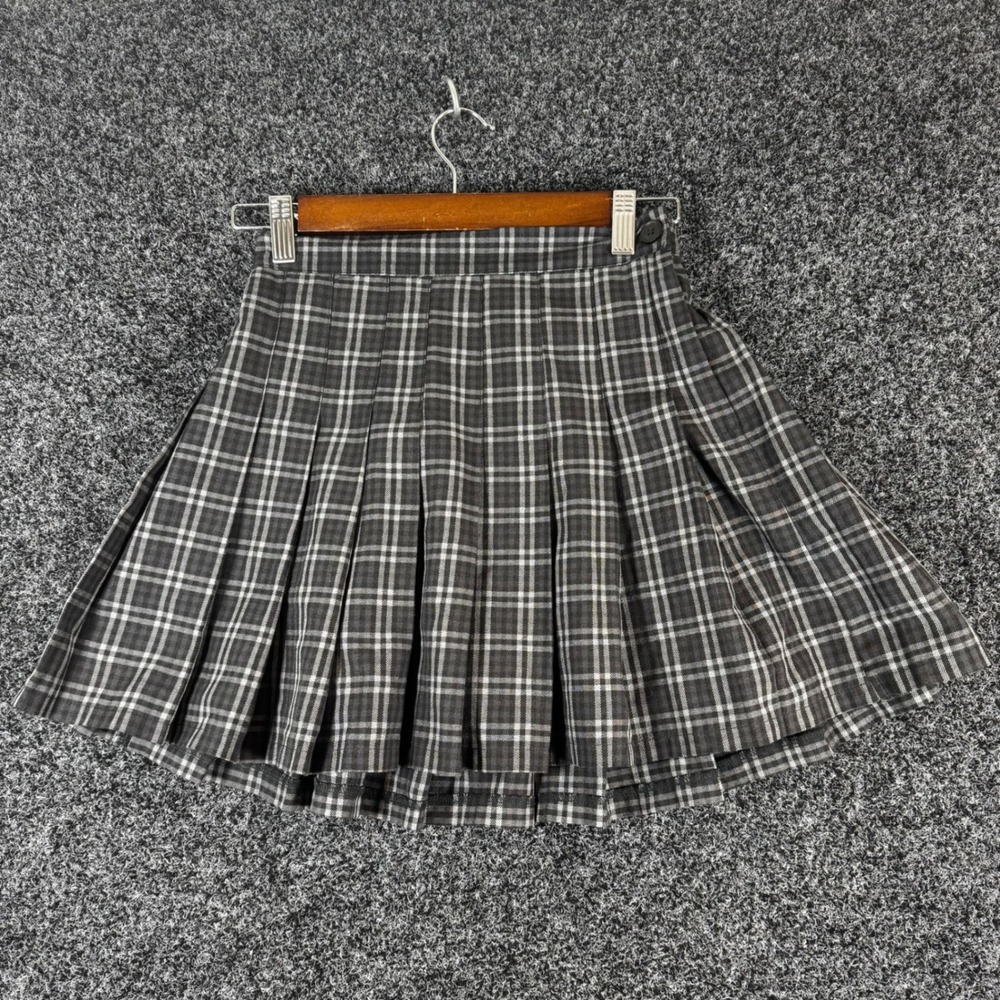 Aerie Grey Plaid Pleated Mini Skirt XS Schoolgirl Preppy Grunge Elastic Waist